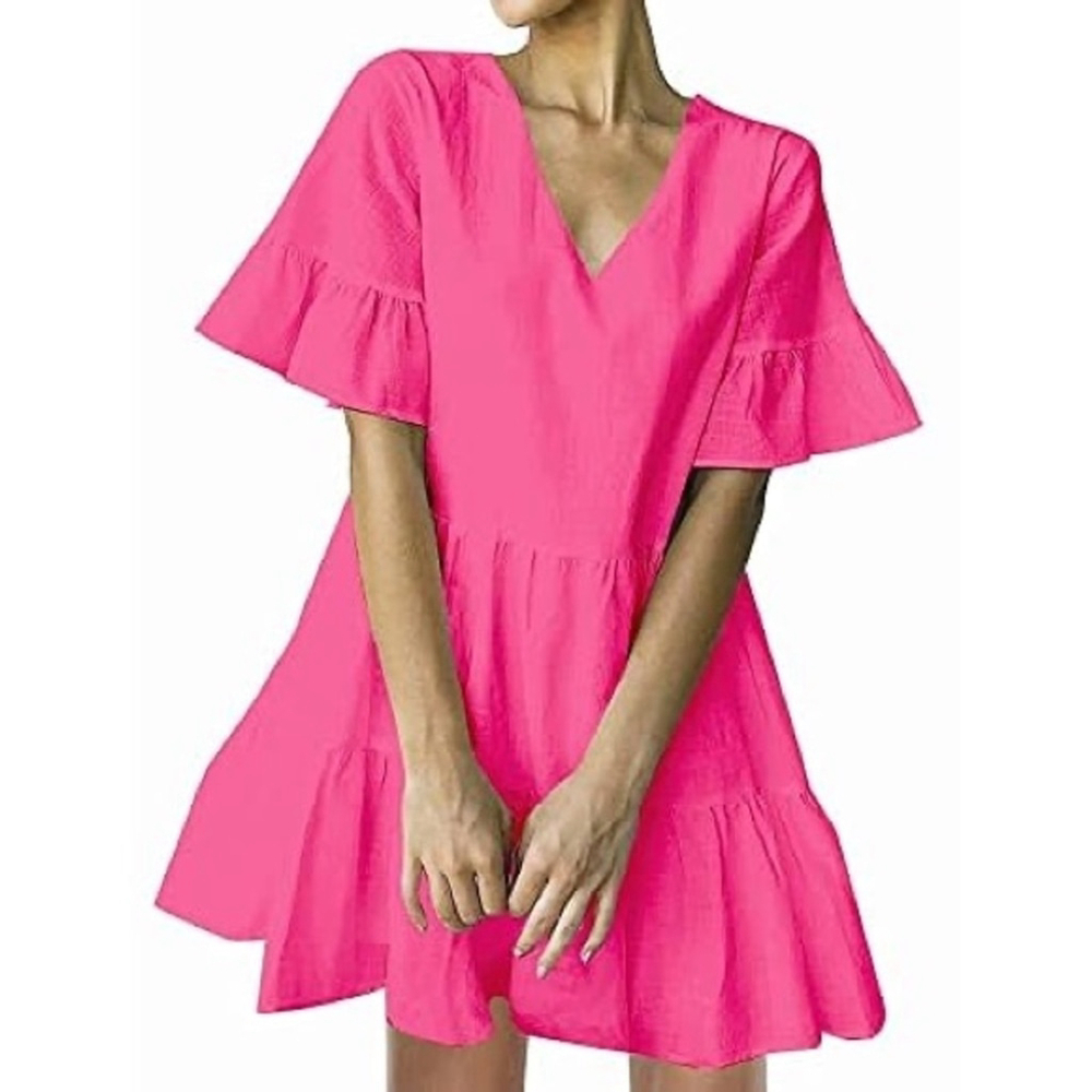 FANCYINN Shift Short Bell Sleeve V Neck Causal Swing Ruffle Dress With Pockets